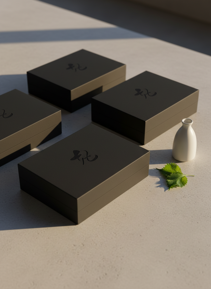 A refined still life of premium Japanese delivery packaging prepared for a sophisticated Valencia client: a set of matte black, low-profile boxes with magnetic closures, each subtly embossed with an elegant logo inspired by Japanese calligraphy. The boxes are arranged asymmetrically on a pale concrete surface beside a single sprig of green shiso and a small, minimalist ceramic soy sauce bottle. Soft, warm afternoon light enters from the right, creating long, delicate shadows and highlighting the subtle textures of the packaging. Shot from a slightly elevated angle with a shallow depth of field, the composition emphasizes clean lines and negative space. The atmosphere is calm, exclusive, and modern, communicating the luxury and care behind alta cocina japonesa delivered to the home with photographic realism.