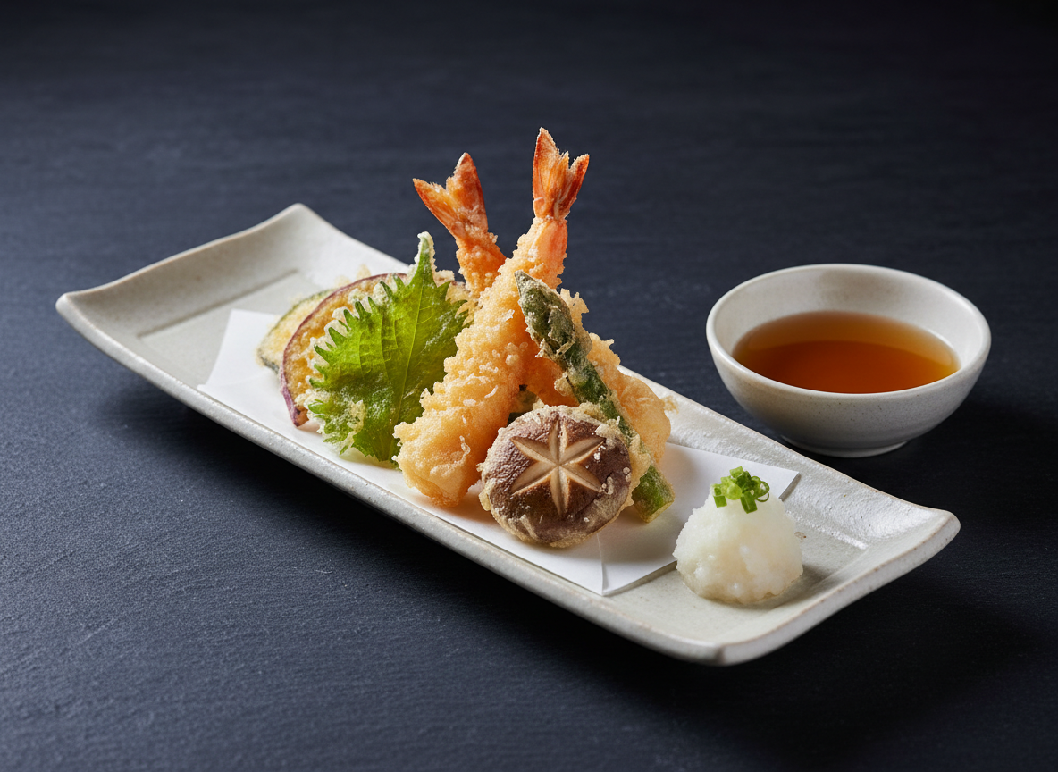 An impeccably arranged Japanese tempura delivery selection presented on a long, narrow porcelain plate with a subtle off-white glaze, set on a smooth, dark stone countertop. Delicate pieces of shrimp, shiso leaf, and seasonal vegetables are coated in ultralight, crisp batter with visible airy texture, placed over a small square of absorbent paper. A petite ceramic dish of tentsuyu sauce and a neat pile of grated daikon accompany the plate. Cool, diffused studio lighting from above and slightly behind creates soft highlights on the tempura and sophisticated shadows underneath, emphasizing crispness without harshness. Photographed from a low, three-quarter angle with a moderate depth of field, the background softly fades into darkness. The atmosphere is precise, restrained, and luxurious, with a photographic realism aligned to a premium Japanese home dining experience.