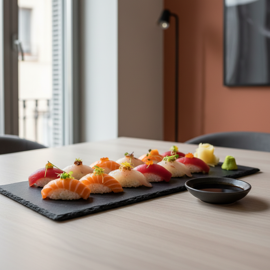 An ultra-refined assortment of contemporary Japanese nigiri and maki arranged on a long, matte black stone platter, centered on a pale wooden dining table in a stylish Valencia apartment. Each piece features precise cuts of salmon, tuna, and delicate white fish with a subtle sheen, layered over perfectly formed rice, accented by microgreens and thin citrus zest. A minimalist ceramic dish holds glossy soy sauce beside a sculpted wasabi quenelle. Soft, diffused natural light from a nearby window creates gentle highlights on the fish and subtle bokeh in the background. Captured from a slightly elevated angle following the rule of thirds, the mood is serene, premium, and design-forward, emphasizing photographic realism and a sophisticated, minimalist presentation ideal for a gourmet delivery brand.