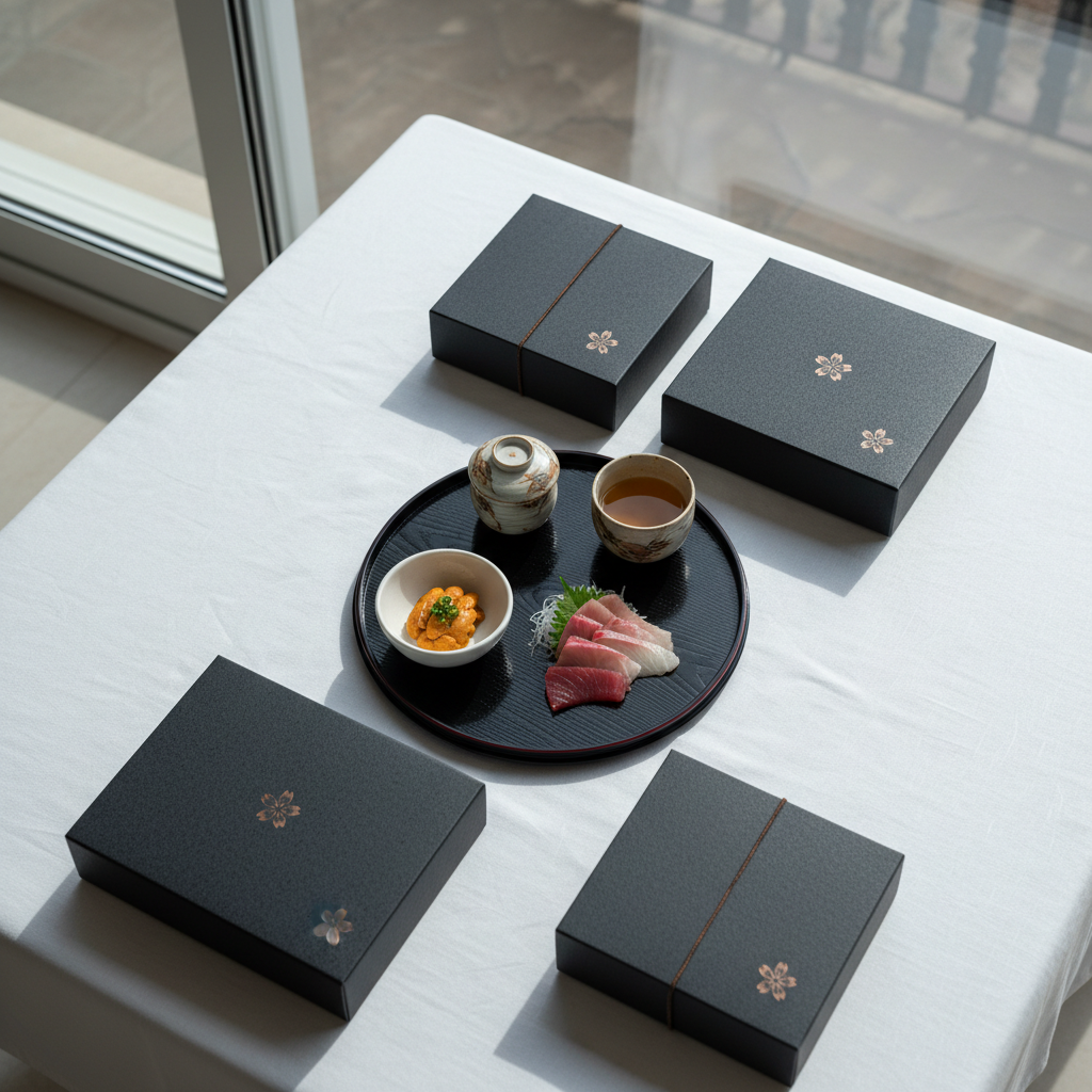 An elegant Japanese omakase-style home delivery spread displayed on a pristine white linen tablecloth, featuring a central lacquered tray with artfully arranged small dishes: uni in a minimalist porcelain bowl, finely sliced sashimi fanned like a gradient, and a petite ceramic vessel with clear dashi. Around the tray, premium delivery packaging in textured matte black with subtle metallic logo accents suggests exclusivity. Cool, indirect daylight from a large window washes the scene, creating refined, soft shadows and emphasizing the purity of colors. Shot from a top-down, bird’s-eye perspective with crisp focus throughout, the composition feels organized and contemplative, reflecting the precision of alta cocina japonesa brought into a calm, upscale Valencian home. Photographic realism with a clean, luxurious mood.