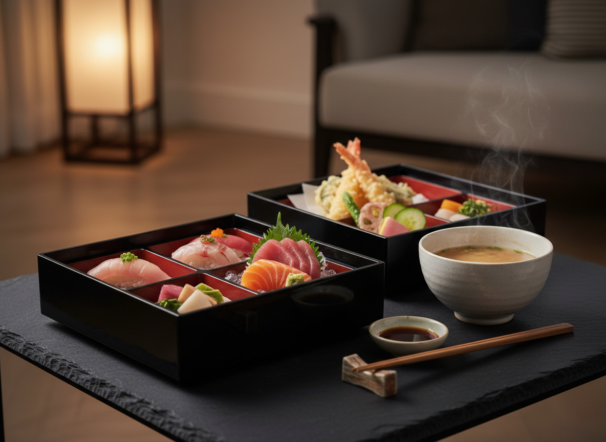 A meticulously arranged premium Japanese kaiseki-style menu for home delivery, displayed on a low, dark slate table against a softly blurred, elegant interior. Lacquered black bento boxes with refined compartments reveal jewel-like pieces of toro nigiri, glistening sashimi, delicate tempura, and seasonal pickles, each element precisely placed. Subtle steam rises from a minimalist ceramic miso bowl. Warm, indirect evening lighting from the side creates gentle reflections on the lacquer and porcelain, casting soft shadows that emphasize textures. Photographed at an eye-level, three-quarter angle with a shallow depth of field, the composition feels calm, luxurious, and intimate, conveying the sophistication of high-end Japanese cuisine arriving perfectly curated in a private Valencia home. Photographic realism with a clean, modern aesthetic.