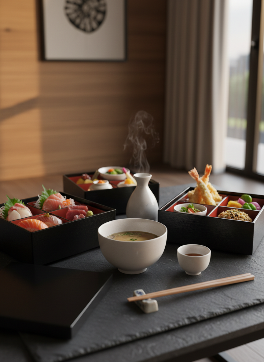 A meticulously arranged premium Japanese kaiseki-style menu for home delivery, displayed on a low, dark slate table against a softly blurred, elegant interior. Lacquered black bento boxes with refined compartments reveal jewel-like pieces of toro nigiri, glistening sashimi, delicate tempura, and seasonal pickles, each element precisely placed. Subtle steam rises from a minimalist ceramic miso bowl. Warm, indirect evening lighting from the side creates gentle reflections on the lacquer and porcelain, casting soft shadows that emphasize textures. Photographed at an eye-level, three-quarter angle with a shallow depth of field, the composition feels calm, luxurious, and intimate, conveying the sophistication of high-end Japanese cuisine arriving perfectly curated in a private Valencia home. Photographic realism with a clean, modern aesthetic.