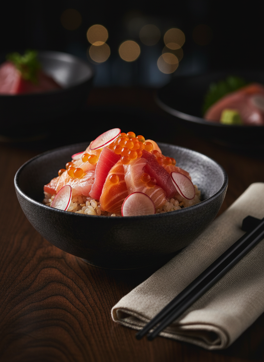 A close-up, cinematic view of a single handcrafted Japanese dish for delivery: a deep charcoal ceramic bowl holding perfectly arranged chirashi sushi, with glistening slices of tuna, salmon, and amberjack layered over seasoned rice, accented by bright ikura pearls and paper-thin radish slices. The bowl rests on a dark wooden surface with subtle grain, beside an understated pair of ebony chopsticks and a folded, textured linen napkin. Dramatic, directional side lighting from the left creates luminous highlights on the fish and delicate shadows that sculpt the ingredients, enhancing depth. The background falls into soft, luxurious darkness with bokeh hints of other refined dishes. Framed tightly at an eye-level angle, the mood is intimate, sophisticated, and indulgent, showcasing photographic realism and haute cuisine craftsmanship.